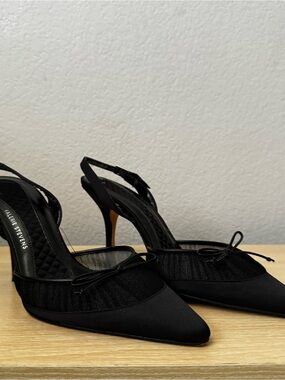 Valerie Stevens Black Pointed Slingback Heels with Bow Accent